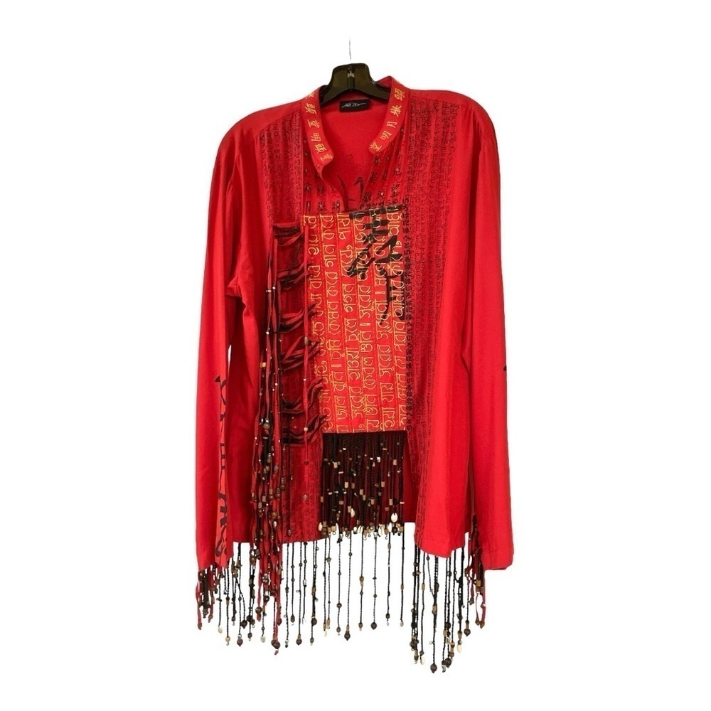 VTG  Akira Isogawa Red Beaded Fringe Boho Tunic Top Asian Script Festival Wear